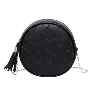 Black round PU leather crossbody bag with quilted lattice pattern and fringe tassel