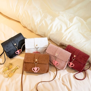 Women Mini Crossbody Bag Embossed PU Leather Cute Cartoon Small Square Shoulder Bag With Heart Pendant For Girls