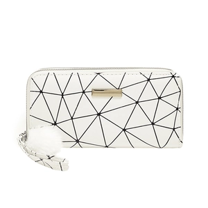 Women's long zipper wallet with white geometric pattern, wrist strap and pompom charm