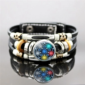 Men Retro Leather Braided Bracelet Wiccan Pentagram Magic Circle Glass Dome Punk Multi Layer Alloy Wood Charms Jewelry