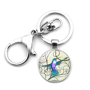 Colorful hummingbird glass cabochon keychain with alloy keyring and lobster clasp