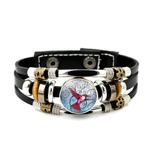 Retro multi-layer leather hummingbird bracelet with glass cabochon and snap closure