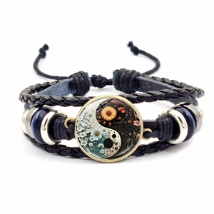 Détails du bracelet en cuir tressé Yin Yang avec cordon de serrage réglable et nœud plat