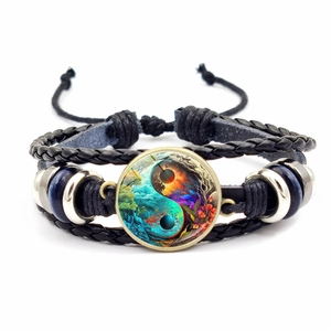 Bracelet en Cuir Tressé Vintage Yin Yang Tai Chi Unisexe Ethnique Multicouche Réglable Cabochon en Verre Bijoux