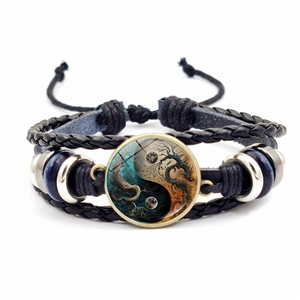 Bracelet en cuir tissé à la main avec cabochon Yin Yang Tai Chi et Arbre de Vie