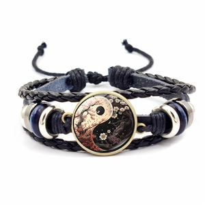 Bracelet multicouche en cuir tressé avec symbole Tai Chi Yin Yang et motif arbre de vie