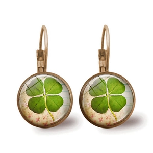 Vintage Four Leaf Clover Lever Back Earrings For Women Alloy Glass Cabochon Lucky Shamrock Drop Jewelry