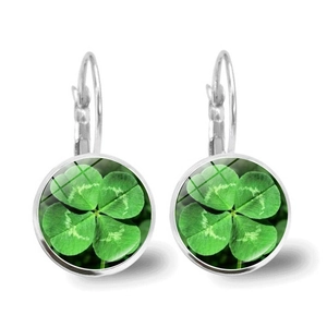 Silver four-leaf clover crystal earrings with green leaf pattern on white background