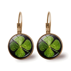 Vintage bronze lever-back earrings with green four-leaf clover pattern on black base