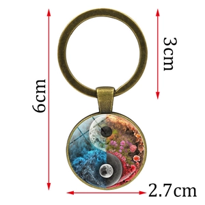 Detailed size specifications of bronze Yin Yang keychain with 2.7cm glass pendant