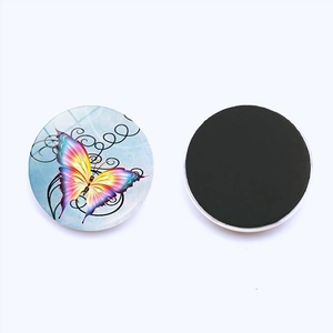 Detailed front and back view of a 25mm round glass butterfly magnet with black magnetic base