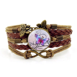 Vintage Mehrlagiges Geflochtenes Lederarmband Mit Legierung Schmetterling Und Unendlichkeit Charms Glascabochon Für Damen Herren