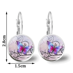 Detail showing the 2.8cm by 1.5cm colorful butterfly glass pendant drop earrings