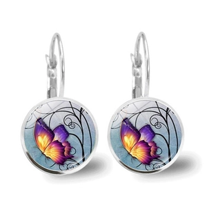 Elegant silver-tone drop earrings with orange butterfly motif in glass cabochon