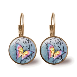 Vintage bronze butterfly glass dome drop earrings with colorful artistic pattern