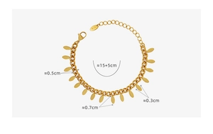 Detail view of gold leaf tassel chain bracelet showing measurement of 15+5cm length