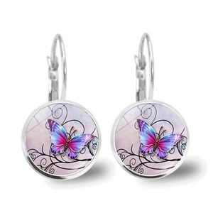Vintage Butterfly Pattern Round Leverback Earrings Alloy Glass Artistic Bohemian Style Jewelry Accessories For Women
