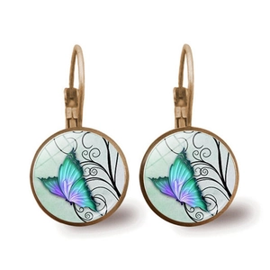 Vintage bronze butterfly glass dome lever-back earrings with purple butterfly patterns