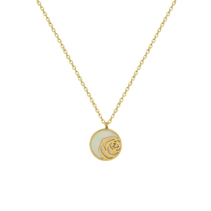 Golden 18k plated rose pendant necklace with white shell and zircon on a cross chain