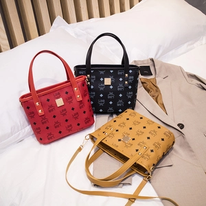 Women Mini Bucket Bag PU Leather Monogram Print Rivet Decor Detachable Shoulder Strap Handheld Tote Fashion Streetwear