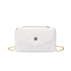 Elegant white quilted crossbody bag with gold floral clasp and chain strap