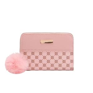 Short pink floral zipper wallet for women with golden metal plate and fluffy ball charm