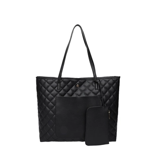 Black quilted tote bag set with two pieces featuring gold hardware and a small pouch