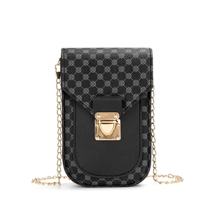 Vintage geometric print crossbody phone bag with black leather and gold chain strap