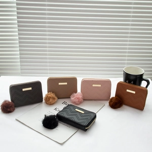 Women's Chevron Quilted PU Leather Short Wallet With Pom Pom Charm Zipper Coin Purse Small Card Holder For Daily Casual Use