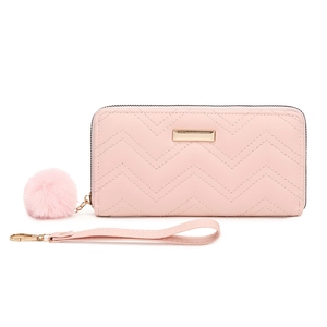 Pink quilted PU leather long zip-around wallet with wristlet and fluffy pom-pom charm