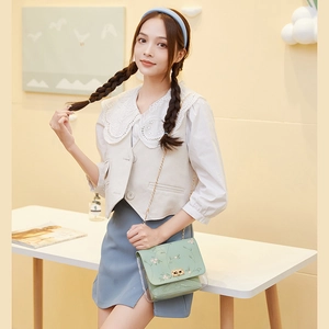 Sac bandoulière vert clair brodé de fleurs avec couche transparente et chaîne dorée