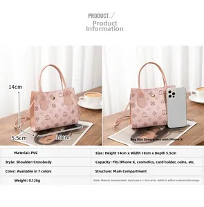 Macro detail of pink floral PVC handbag showing 14x18x5.5cm size and lightweight 0.12kg body