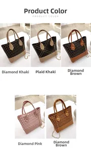 Detailed view of chain handbag collection in diamond and plaid patterns and five colors