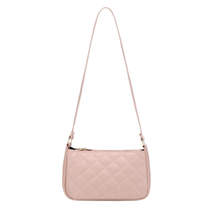 Pink quilted shoulder bag with classic rhombic stitching and golden metal zipper