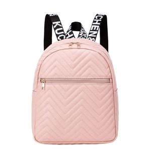 Pink V-quilted fashion backpack for women with stylish letter-printed webbing straps