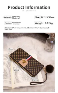 Detailed view of long wallet with bee buckle, ribbon, and internal card slots