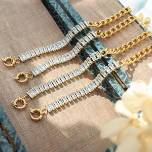 Baguette Zircon Spliced Cuban Chain Bracelet Titanium Steel Gold Plated Hip Hop Trendy Jewelry Women Men