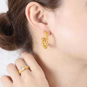 French style chunky twisted hoop earrings and diamond ring in 18k gold plated finish