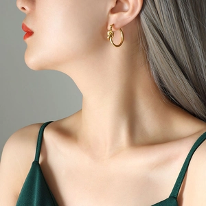 Boucles D'oreilles Créoles À Nœud Minimalistes Acier Titane Plaqué Or 18K Géométriques Cercle Pour Femmes Bijoux Rétro