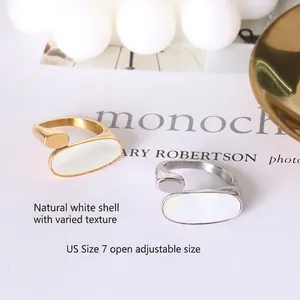18k gold plated stainless steel geometric oval white shell open ring with metal bead