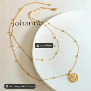 18K gold plated double layer necklace with evil eye pendant and delicate bead chain