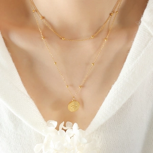 French vintage double layer 18k gold plated necklace with engraved eye sun pendant
