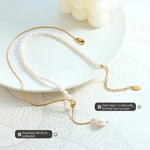 18K gold plated double layer necklace with medical titanium steel chain and natural pearls