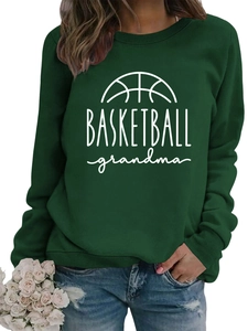 Detail of ribbed cuffs and BASKETBALL grandma print on a dark green cotton sweatshirt