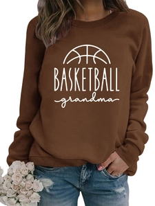 Detail of BASKETBALL grandma print on brown crewneck sweatshirt with rose accent
