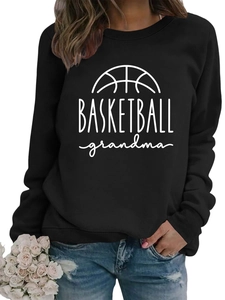 Detailed view of BASKETBALL grandma print on black crewneck sweatshirt for women