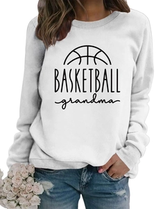 Detail of ribbed cuffs and BASKETBALL grandma print on white crewneck sweatshirt