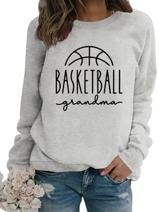Detail of grey crewneck sweatshirt with black BASKETBALL grandma print and graphics
