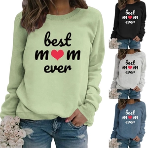 Detail view of best mom ever sweatshirt in sage green, black, grey and denim blue