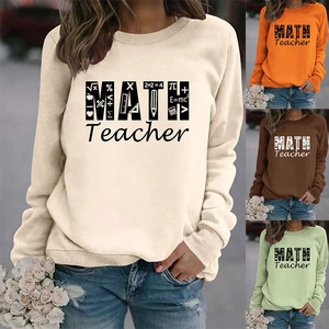 Detail of soft crewneck sweatshirt showing math teacher print and fabric swatches